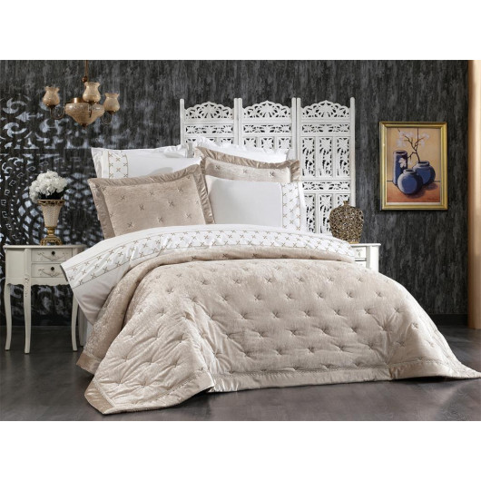 9-Piece Luxurious Embroidered Bed Cover/Quilt Set Estina Cappuccino