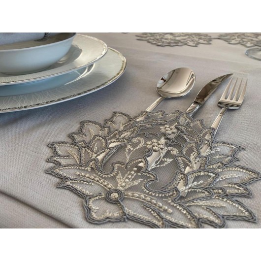 34 Pieces Handmade French Lace Table Runner Set Gray Çınar