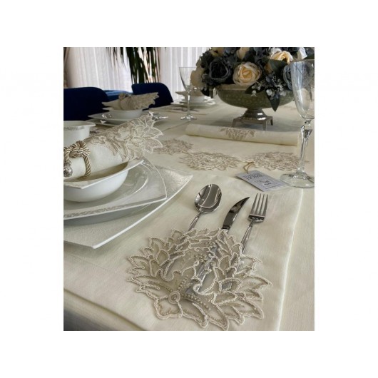 34 Piece Handmade French Lace Dining Table Runner Set Amerikan Cream