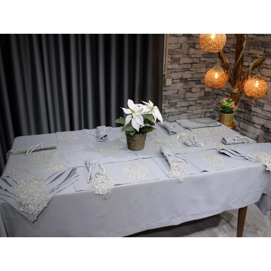 Hercai Gray 34-Piece Handmade French Lace Table Runner Set