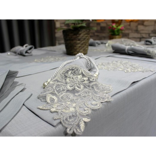 Hercai Gray 34-Piece Handmade French Lace Table Runner Set
