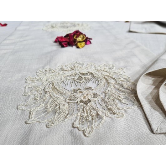 French Lace Handcrafted Lalezar 34 Piece Placemat Cappucino