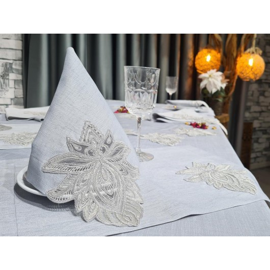 Handcrafted Lotus 34 Piece Placemat Set Gray With French Lace