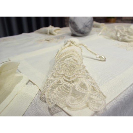 Menekşe 34-Piece Handmade French Lace Tablecloth Set Cream Color