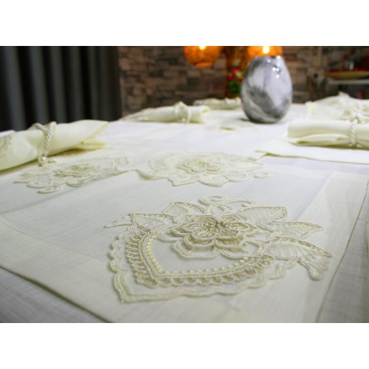 Menekşe 34-Piece Handmade French Lace Tablecloth Set Cream Color