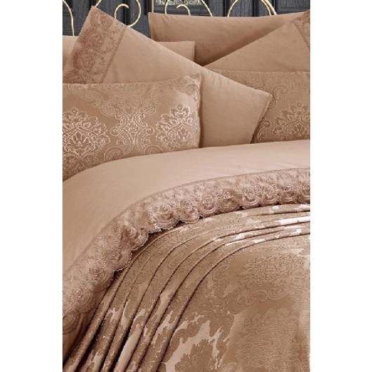 طقم سرير للزفاف من الدانتيل الفرنسي من 7 قطع لون كابتشينو Kure