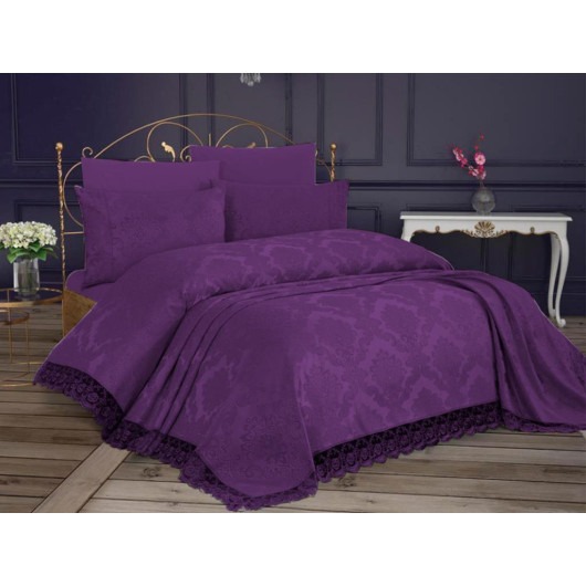 غطاء سرير (مفرش) مفرد مزين بالدانتيل الفرنسي لون عنبي