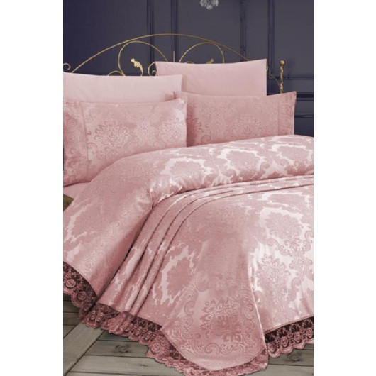 غطاء سرير من الدانتيل الفرنسي لون بودرة/وردي فاتح Kure