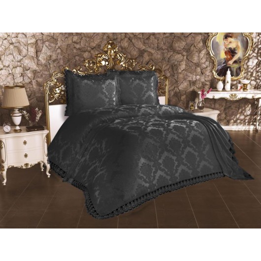 غطاء سرير مزين بالدانتيل الفرنسي لون أسود