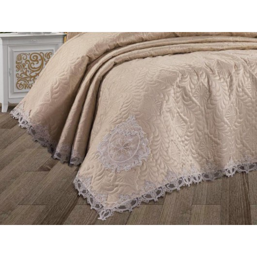 French Lace Omara 3 Piece Bedspread Set Cappucino