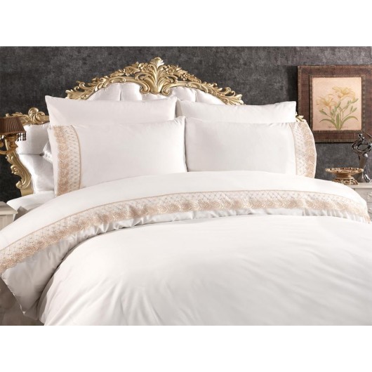 French Lace Suzan Dowry Duvet Cover Set Cream Cappucino