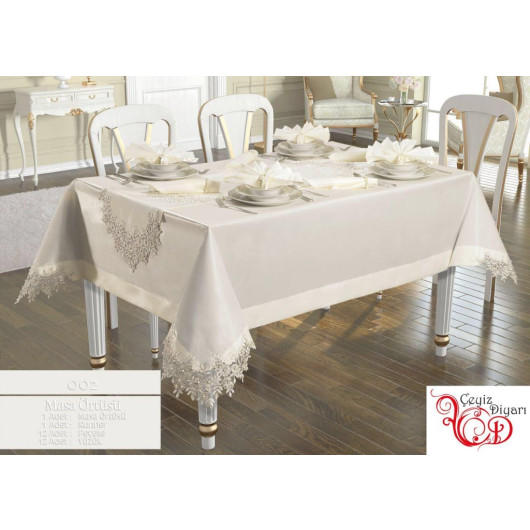 French Guipure Angel Table Cloth Set 26 Pieces Cream