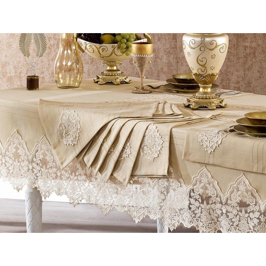Başak Embroidered 14-Piece French Guipure Linen Tablecloth Set