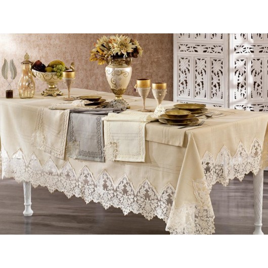 Başak Embroidered 14-Piece French Guipure Linen Tablecloth Set