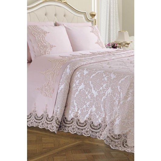 طقم غطاء السرير من الدانتيل الفرنسي لون زهري