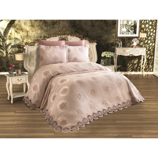 Bed Cover Set (Bedspread) Decorated With French Lace, Powder Color