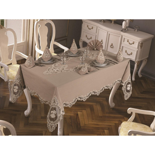18-Piece Deluxe French Guipure Tablecloth Set Cappuccino