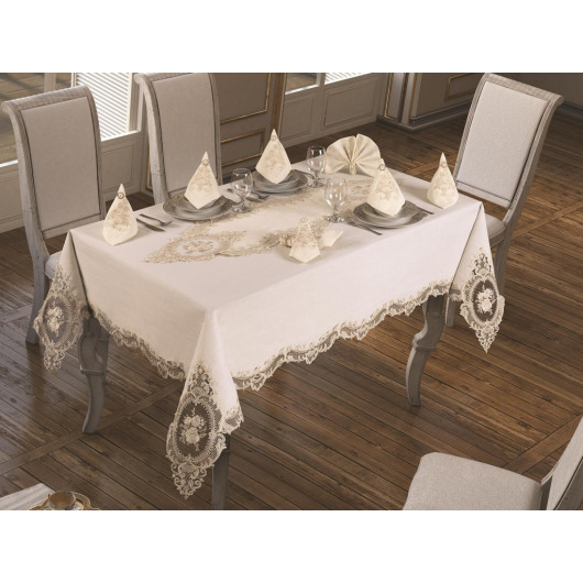 Luxury French Guipure Tablecloth Set Of 18 Pieces In Gold-Acro/Off-White/Light Cream