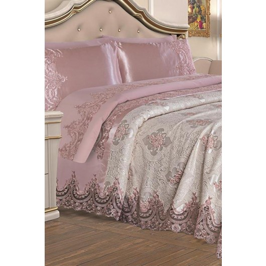 طقم السرير للعرائس من قماش الجبر الفرنسي لون بودرة