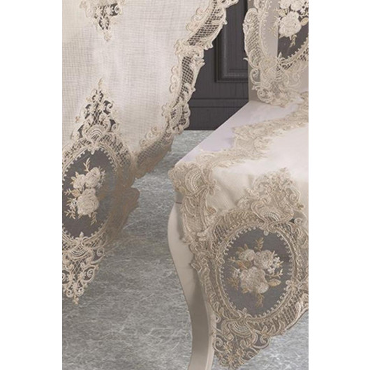 Elite 5-Piece French Velvet Guipure Bedspread Set For Living Room Gold/Acro/Off White/Light Cream