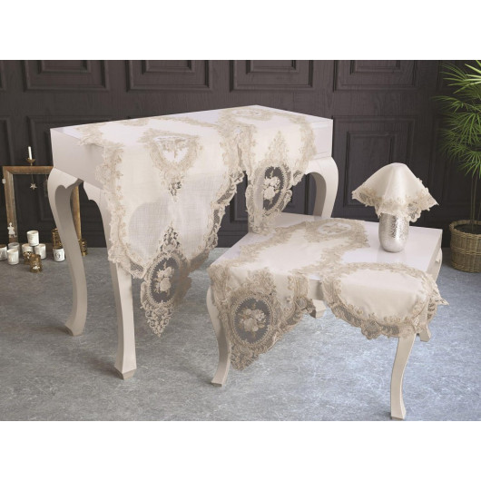 Elite 5-Piece French Velvet Guipure Bedspread Set For Living Room Gold/Acro/Off White/Light Cream
