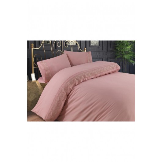 French Guipure Double Duvet Cover Set In Powder/Liverne Pink