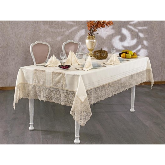 Mercan 25-Piece French Guipure Table Runner Set Gold Beige