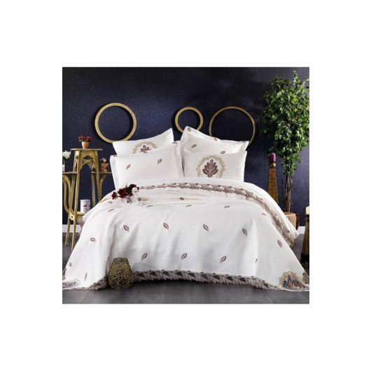 Bedding Set For The Bridal Set Of French Guipure, Embroidered In Cream-Brown Color Alya