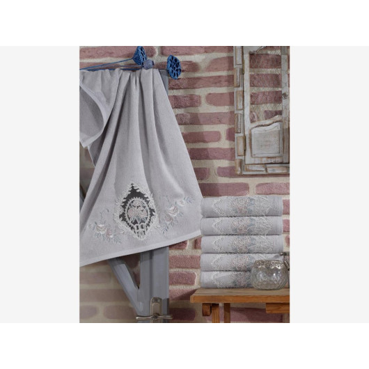 Gray Gonca Embroidered French Guipure Bamboo Towel