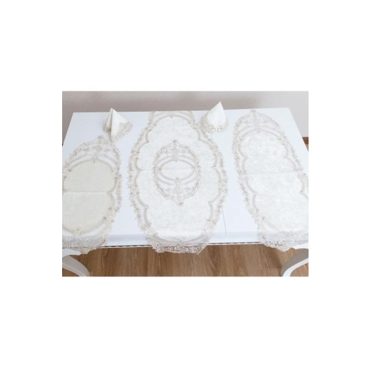 Bedspread Set For The Living Room, Made Of French Velvet And Velvet, Of 5 Pieces, Cream-Gold Orkide