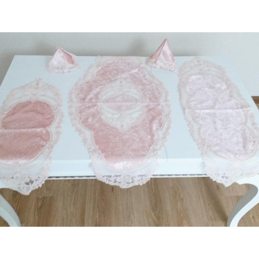 Bedspread Set For The Living Room, French Guipure And Velvet, 5 Pieces, Powder/Light Pink Orkide