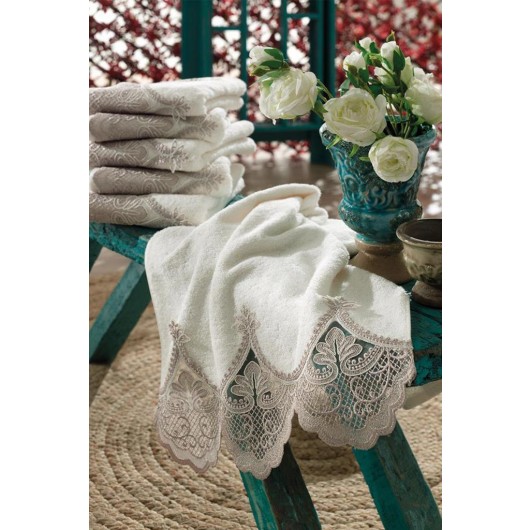 Bamboo And French Guipure Towel In Cream Sude