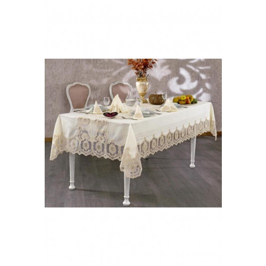 Tuğra Beige Gold Tuğra Tablecloth Set Of 25 Pieces Of French Guipure