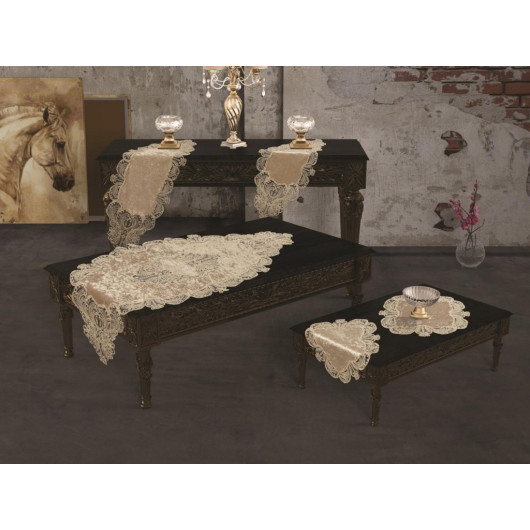 Bedspread Set For Living Room, Made Of French Velvet, 5 Pieces, Cappuccino, Yasemin