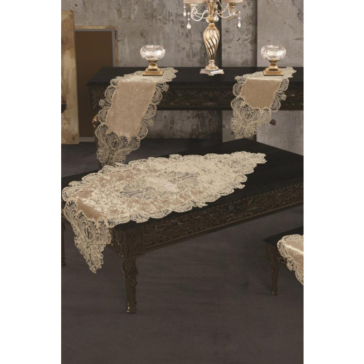 Bedspread Set For Living Room, Made Of French Velvet, 5 Pieces, Cappuccino, Yasemin