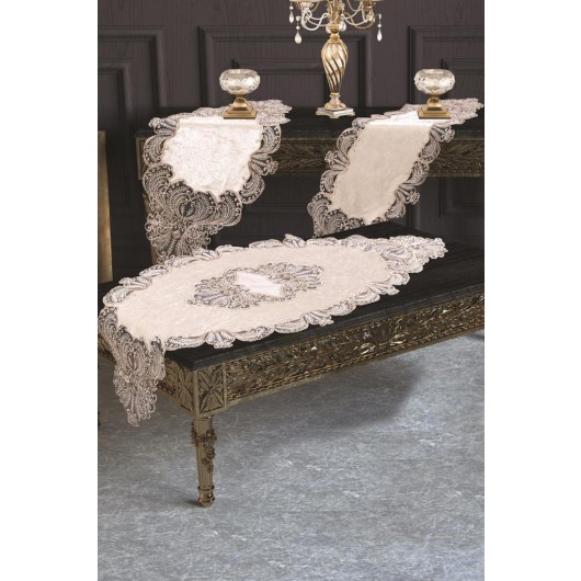 5-Piece Salon Table Runner Set, Cream Silver Color