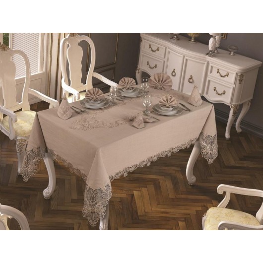 Yasemin Cappuccino Tablecloth Made Of French Velvet And Guipure