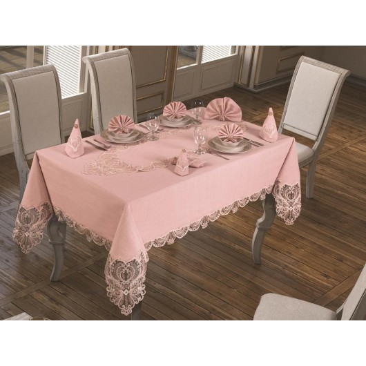 Yasemin French Velvet And Guipure Table Runner In Powdery/Light Pink Colour