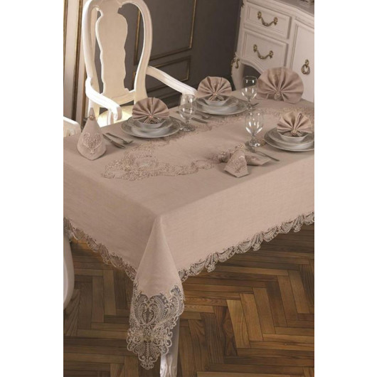 18 Pieces Luxury French Guipure Tablecloth Set Cappuccino Yasemin