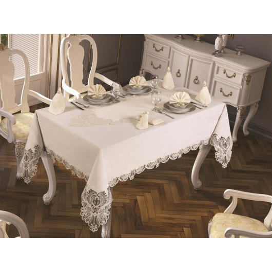Luxury French Guipure Table Runner Set 18 Pieces, Acro/ Off White/ Light Cream Yasemin