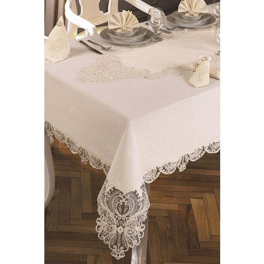 Luxury French Guipure Table Runner Set 18 Pieces, Acro/ Off White/ Light Cream Yasemin