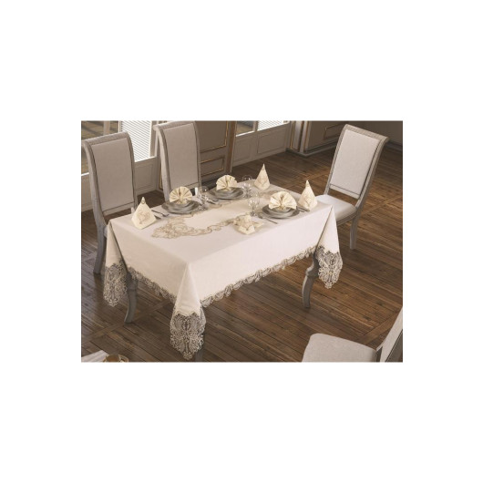 Luxury French Guipure Table Runner Set 18 Pieces Gold-Acro/ Off White/ Light Cream Yasemin