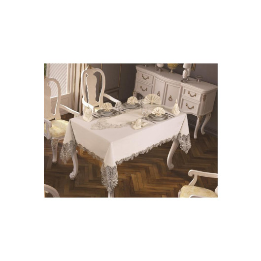 Luxury French Guipure Table Runner Set 18 Pieces Silver-Acro/ Off-White/Light Cream Yasemin