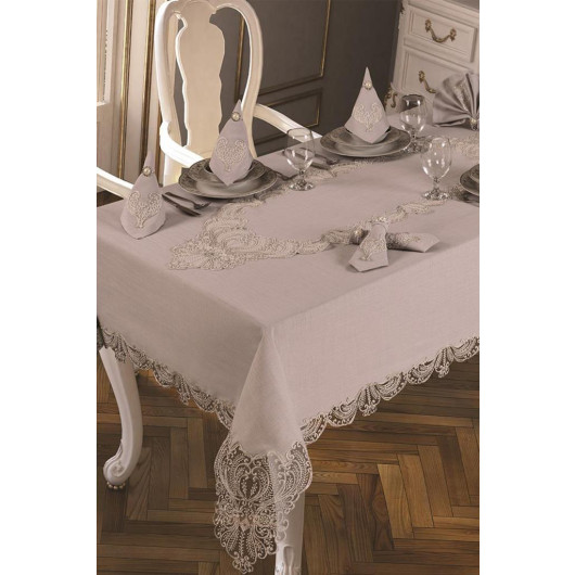 18 Pieces Luxury French Guipure Table Runner Set Gray Yasemin