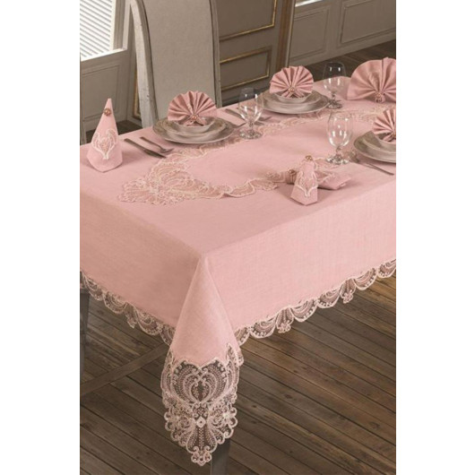 18 Pieces Luxury French Guipure Table Runner Set Yasemin Powder