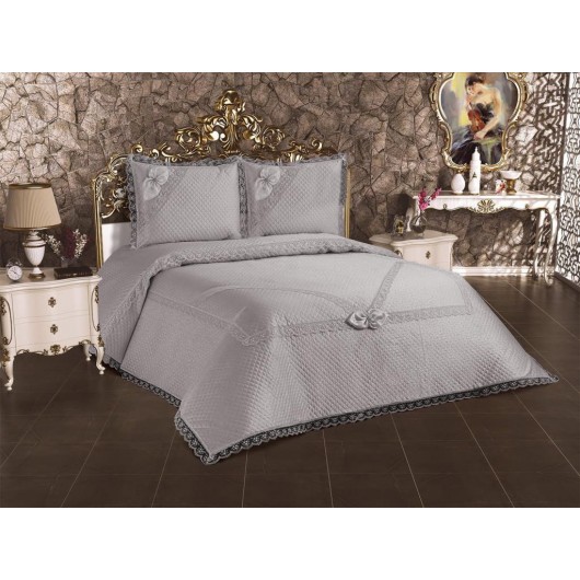 Gelincik Gray French Guipure Quilted Bedspread