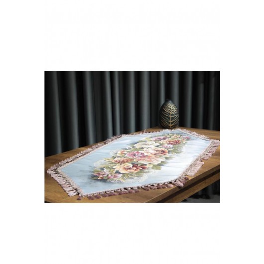 Luxurious Embroidered Tassels Cover/Table Runner In Gray Golden Rose Love