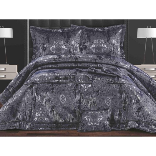 مجموعة سرير غطاء لحاف وغطاء سرير فاخر محشوة بالألياف من 11 قطعة لون كحلي