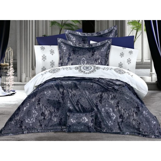 مجموعة سرير غطاء لحاف وغطاء سرير فاخر محشوة بالألياف من 11 قطعة لون كحلي