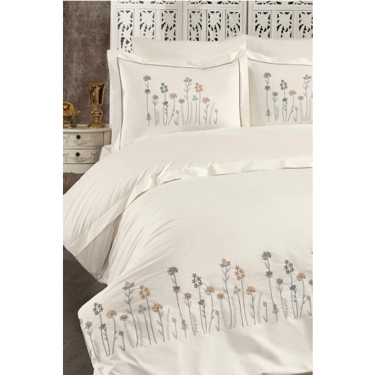 Silk Embroidered Double Duvet Cover Set Cream - Gray